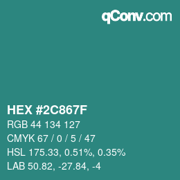 カラーコード: HEX #2C867F | qconv.com