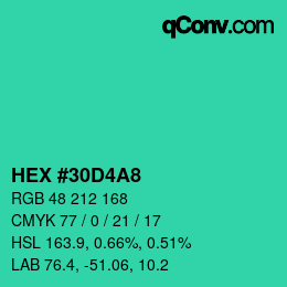 カラーコード: HEX #30D4A8 | qconv.com