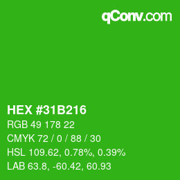 颜色代码: HEX #31B216 | qconv.com