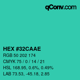 Color code: HEX #32CAAE | qconv.com