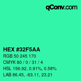 Color code: HEX #32F5AA | qconv.com