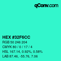 カラーコード: HEX #32F6CC | qconv.com