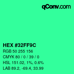 Color code: HEX #32FF9C | qconv.com