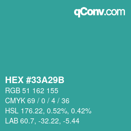 Color code: HEX #33A29B | qconv.com