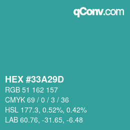 Color code: HEX #33A29D | qconv.com