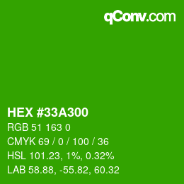 Farbcode: HEX #33A300 | qconv.com