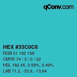 カラーコード: HEX #33C0C6 | qconv.com
