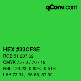 Color code: HEX #33CF3E | qconv.com