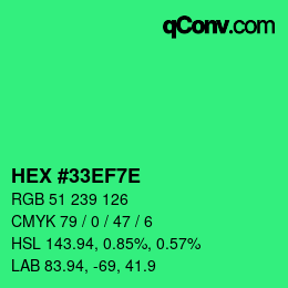 Color code: HEX #33EF7E | qconv.com