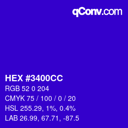 Code couleur: HEX #3400CC | qconv.com