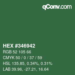 Farbcode: HEX #346942 | qconv.com