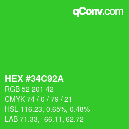 Color code: HEX #34C92A | qconv.com