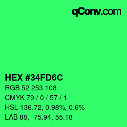 カラーコード: HEX #34FD6C | qconv.com