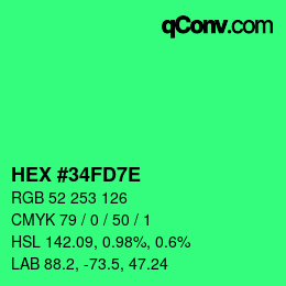 Color code: HEX #34FD7E | qconv.com