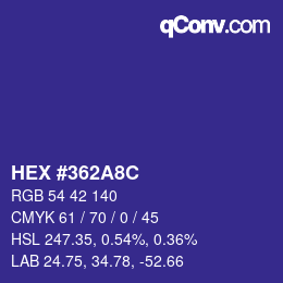 カラーコード: HEX #362A8C | qconv.com