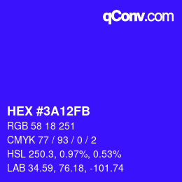 カラーコード: HEX #3A12FB | qconv.com
