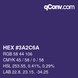 Color code: HEX #3A2C6A | qconv.com