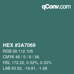 Farbcode: HEX #3A7069 | qconv.com