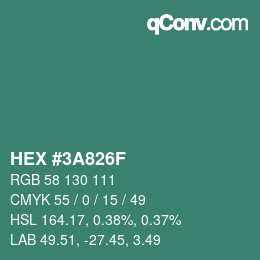 カラーコード: HEX #3A826F | qconv.com