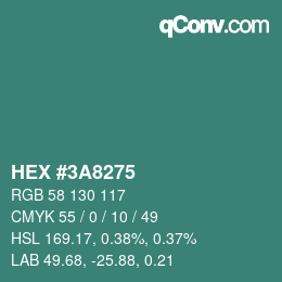 颜色代码: HEX #3A8275 | qconv.com