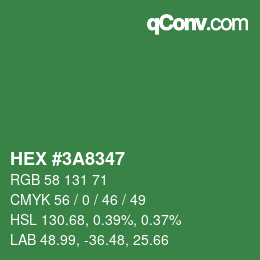 颜色代码: HEX #3A8347 | qconv.com