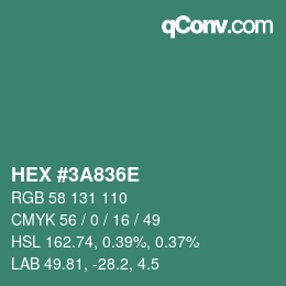 颜色代码: HEX #3A836E | qconv.com