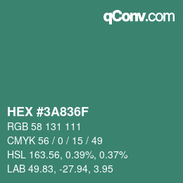 颜色代码: HEX #3A836F | qconv.com