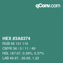 颜色代码: HEX #3A8374 | qconv.com