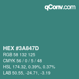 颜色代码: HEX #3A847D | qconv.com