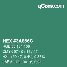 カラーコード: HEX #3A866C | qconv.com