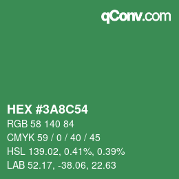 Farbcode: HEX #3A8C54 | qconv.com