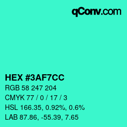 Color code: HEX #3AF7CC | qconv.com