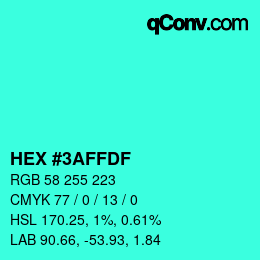カラーコード: HEX #3AFFDF | qconv.com