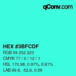 カラーコード: HEX #3BFCDF | qconv.com