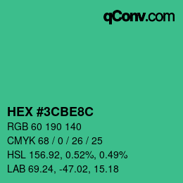 カラーコード: HEX #3CBE8C | qconv.com