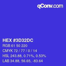 颜色代码: HEX #3D32DC | qconv.com