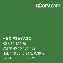 Color code: HEX #3E7A3C | qconv.com