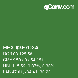 颜色代码: HEX #3F7D3A | qconv.com