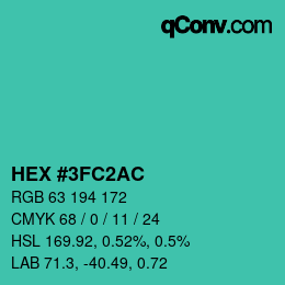 カラーコード: HEX #3FC2AC | qconv.com