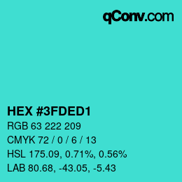 カラーコード: HEX #3FDED1 | qconv.com