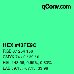 Color code: HEX #43FE9C | qconv.com