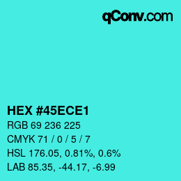 Color code: HEX #45ECE1 | qconv.com