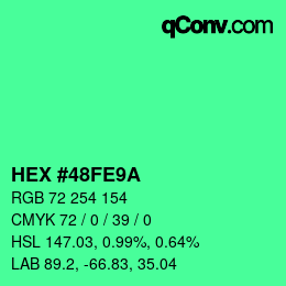 Farbcode: HEX #48FE9A | qconv.com