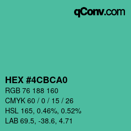 カラーコード: HEX #4CBCA0 | qconv.com