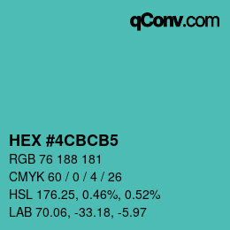 カラーコード: HEX #4CBCB5 | qconv.com
