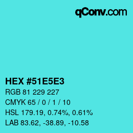 Farbcode: HEX #51E5E3 | qconv.com
