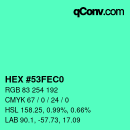 カラーコード: HEX #53FEC0 | qconv.com