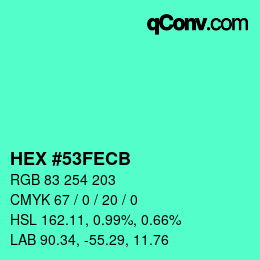 Color code: HEX #53FECB | qconv.com
