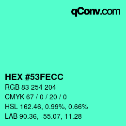 Color code: HEX #53FECC | qconv.com