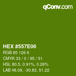 Farbcode: HEX #557E06 | qconv.com